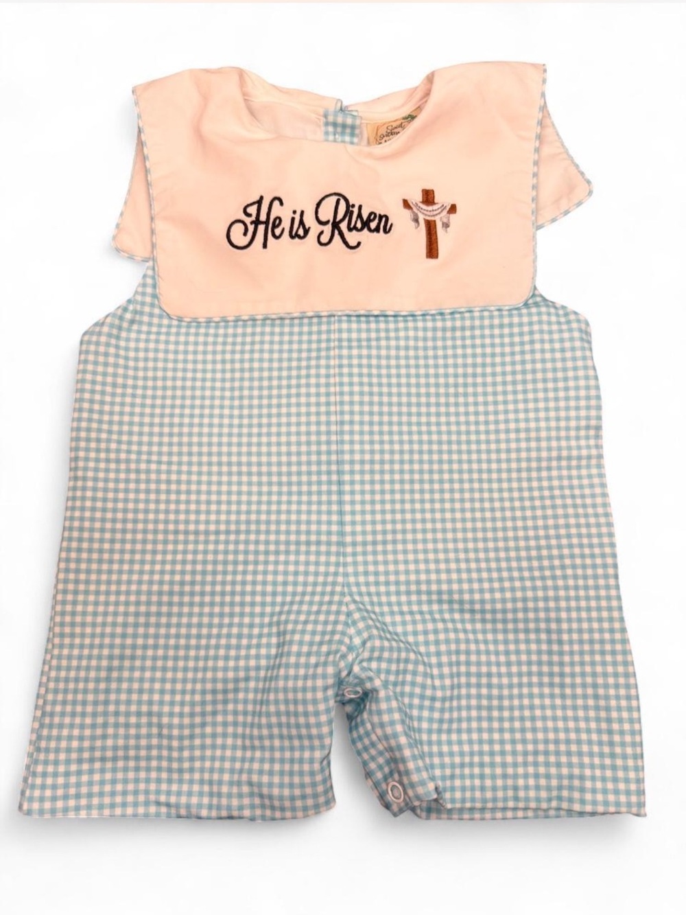New sweet southern smocks gingham “He is Risen” blue white romper size 6months